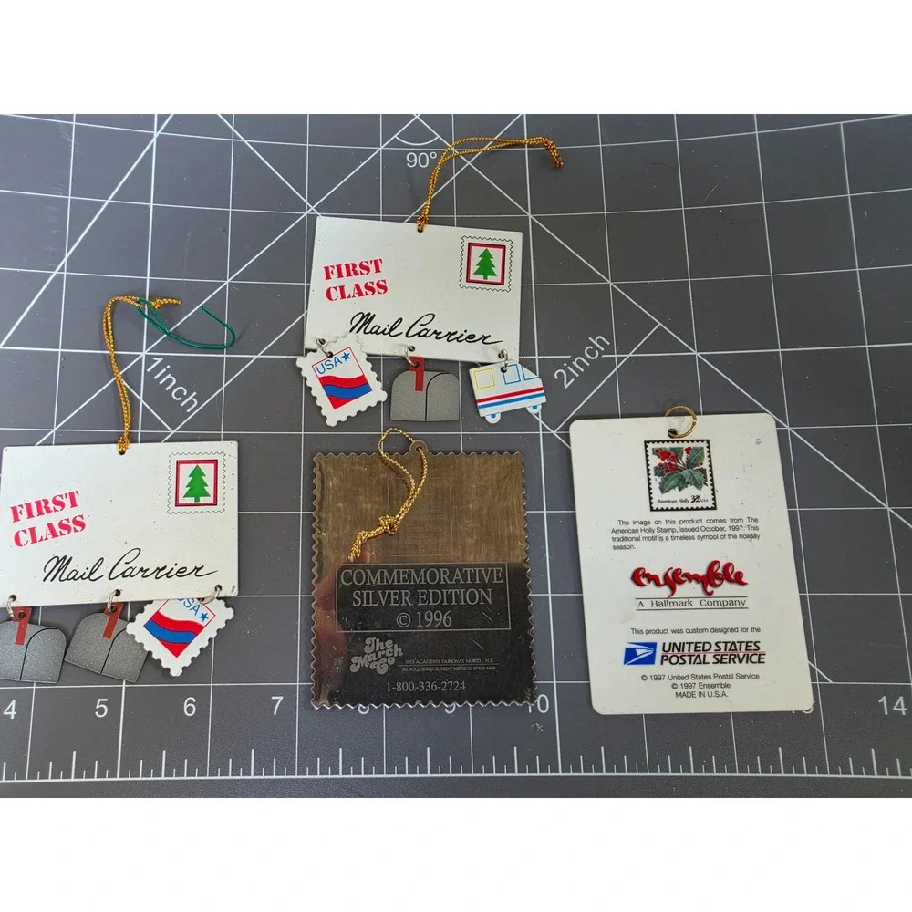 Vintage USPS Postal Christmas Ornaments Lot Mail Carrier Angel Holly 1996 1997